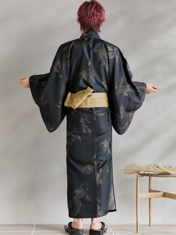画像13: 【即日発送！】【メンズ浴衣】ブラック×シンプル金魚浴衣【浴衣３点セット 浴衣/帯/下駄】[YMT] (13)