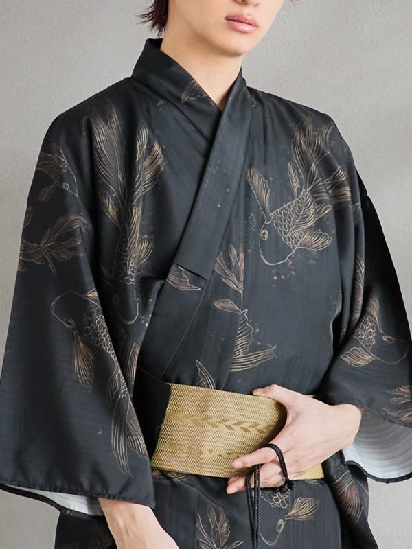 画像14: 【即日発送！】【メンズ浴衣】ブラック×シンプル金魚浴衣【浴衣３点セット 浴衣/帯/下駄】[YMT] (14)
