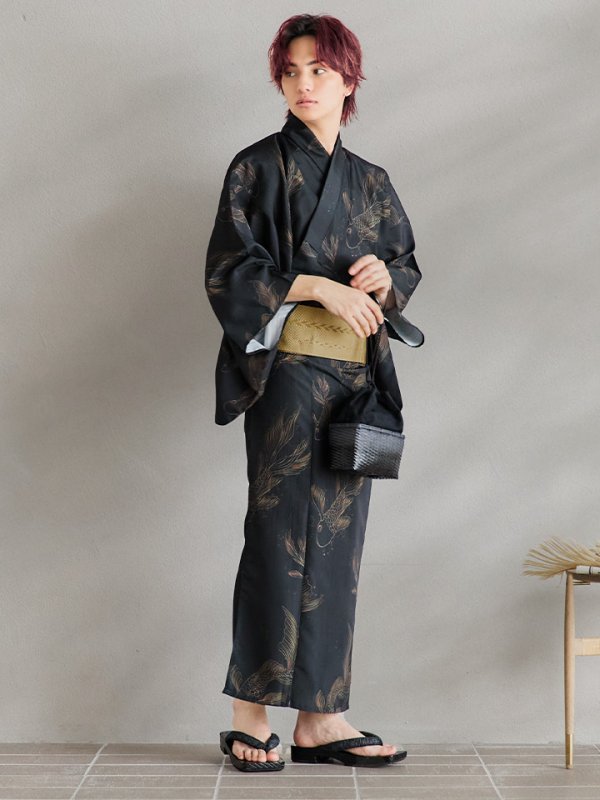 画像2: 【即日発送！】【メンズ浴衣】ブラック×シンプル金魚浴衣【浴衣３点セット 浴衣/帯/下駄】[YMT] (2)