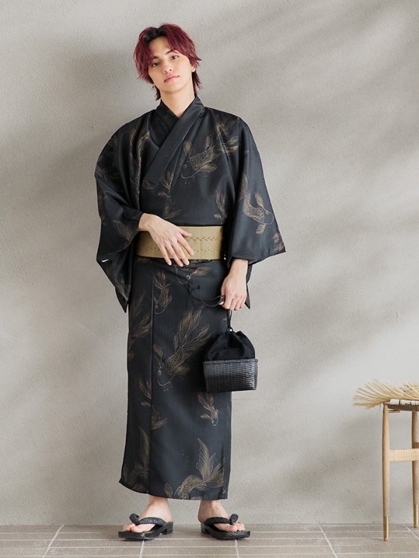 画像4: 【即日発送！】【メンズ浴衣】ブラック×シンプル金魚浴衣【浴衣３点セット 浴衣/帯/下駄】[YMT] (4)