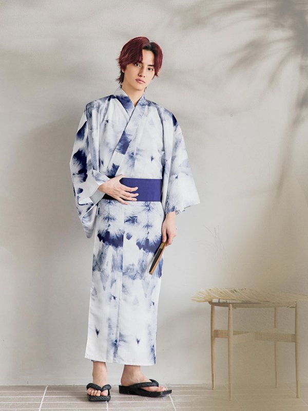 画像2: 【即日発送！】【メンズ浴衣】ブルー絞り柄タイダイ浴衣【浴衣３点セット 浴衣/帯/下駄】[YMT] (2)
