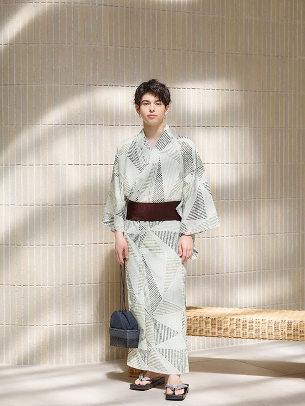 画像11: 【即日発送！】【メンズ浴衣】カーキグリーン幾何学的模様浴衣【浴衣３点セット 浴衣/帯/下駄】[YMT] (11)