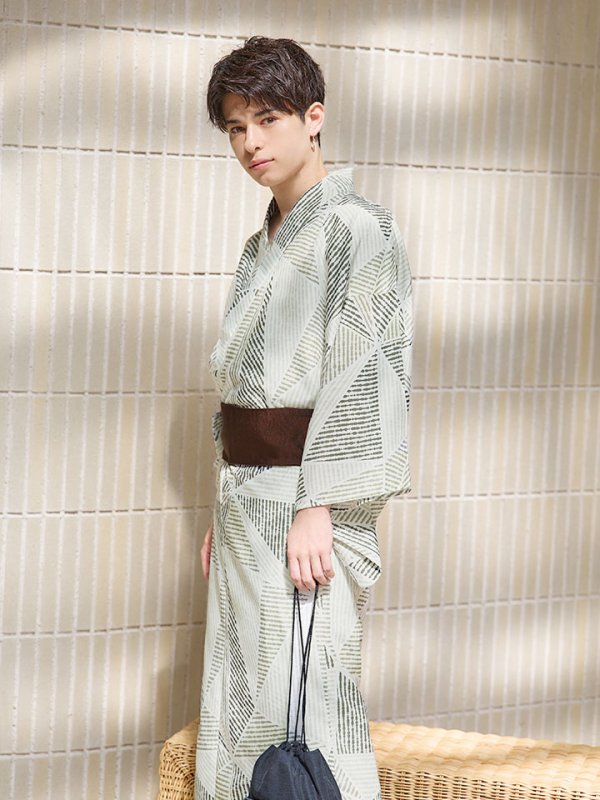 画像2: 【即日発送！】【メンズ浴衣】カーキグリーン幾何学的模様浴衣【浴衣３点セット 浴衣/帯/下駄】[YMT] (2)