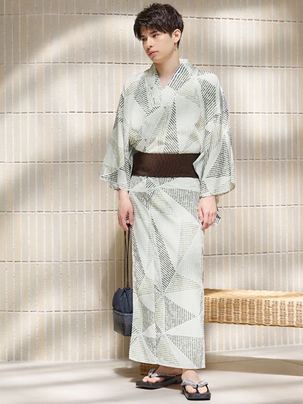 画像3: 【即日発送！】【メンズ浴衣】カーキグリーン幾何学的模様浴衣【浴衣３点セット 浴衣/帯/下駄】[YMT] (3)
