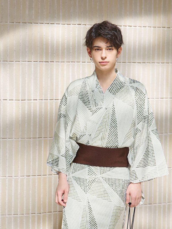 画像5: 【即日発送！】【メンズ浴衣】カーキグリーン幾何学的模様浴衣【浴衣３点セット 浴衣/帯/下駄】[YMT] (5)