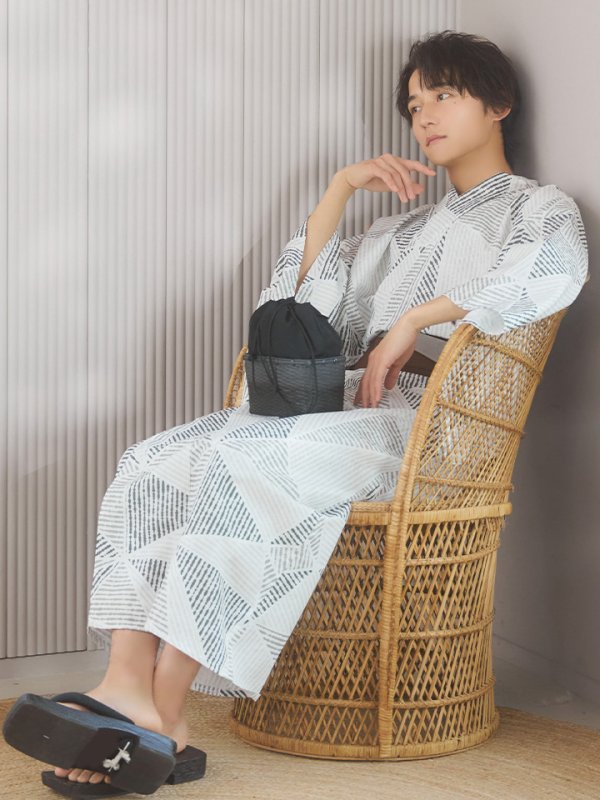 画像2: 【即日発送！】【メンズ浴衣】カーキグリーン幾何学的模様浴衣【浴衣３点セット 浴衣/帯/下駄】[YMT] (2)