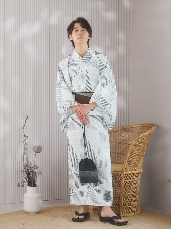 画像5: 【即日発送！】【メンズ浴衣】カーキグリーン幾何学的模様浴衣【浴衣３点セット 浴衣/帯/下駄】[YMT] (5)