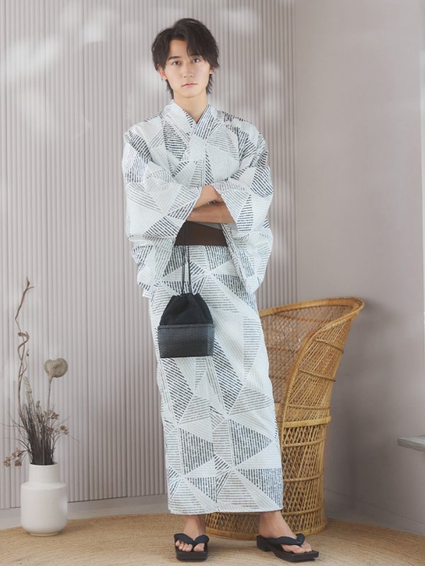 画像8: 【即日発送！】【メンズ浴衣】カーキグリーン幾何学的模様浴衣【浴衣３点セット 浴衣/帯/下駄】[YMT] (8)