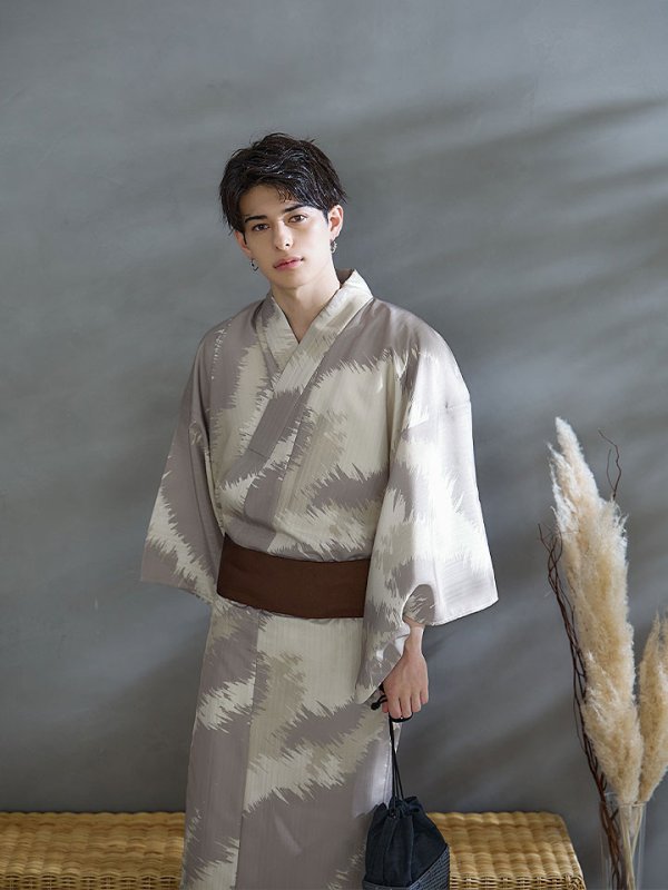画像10: 【即日発送！】【メンズ浴衣】グレージュモザイク柄浴衣【浴衣３点セット 浴衣/帯/下駄】[YMT] (10)