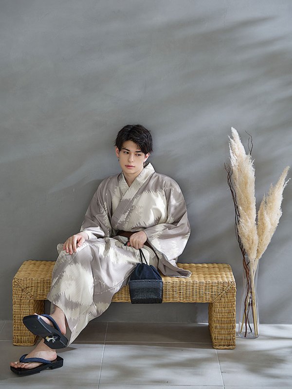 画像11: 【即日発送！】【メンズ浴衣】グレージュモザイク柄浴衣【浴衣３点セット 浴衣/帯/下駄】[YMT] (11)