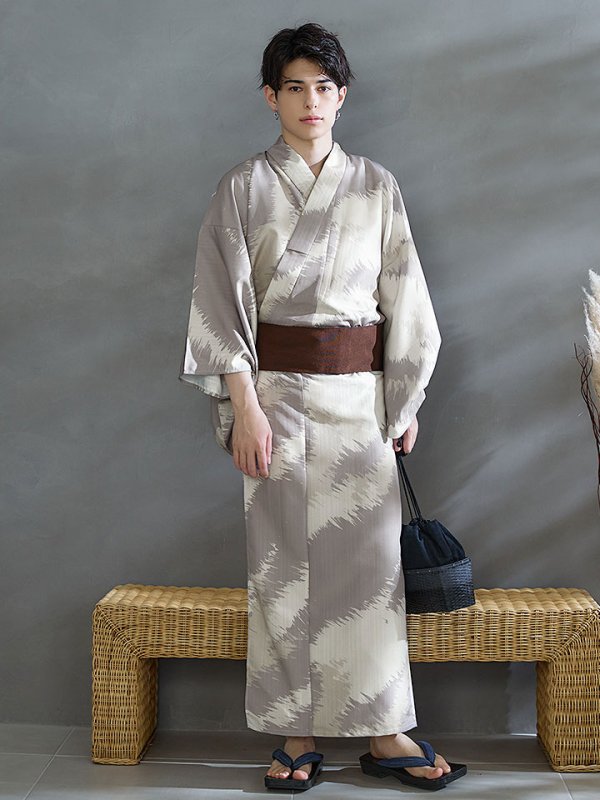 画像13: 【即日発送！】【メンズ浴衣】グレージュモザイク柄浴衣【浴衣３点セット 浴衣/帯/下駄】[YMT] (13)