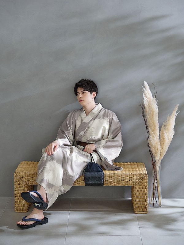 画像14: 【即日発送！】【メンズ浴衣】グレージュモザイク柄浴衣【浴衣３点セット 浴衣/帯/下駄】[YMT] (14)