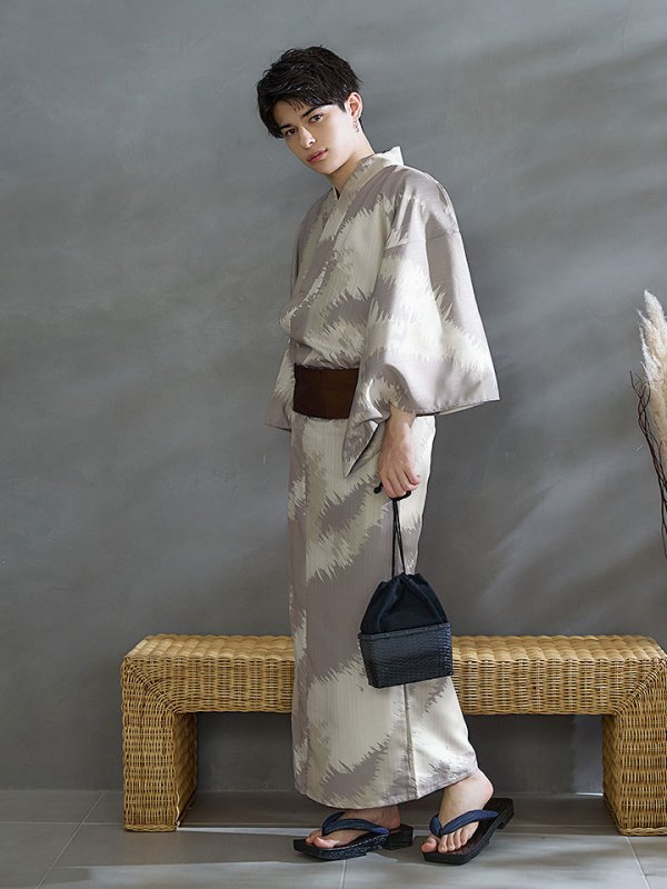 画像15: 【即日発送！】【メンズ浴衣】グレージュモザイク柄浴衣【浴衣３点セット 浴衣/帯/下駄】[YMT] (15)