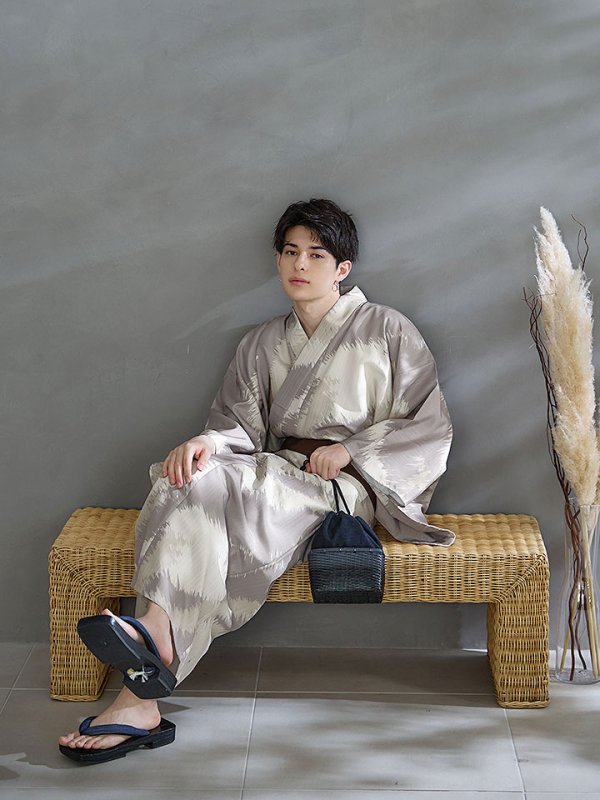 画像5: 【即日発送！】【メンズ浴衣】グレージュモザイク柄浴衣【浴衣３点セット 浴衣/帯/下駄】[YMT] (5)