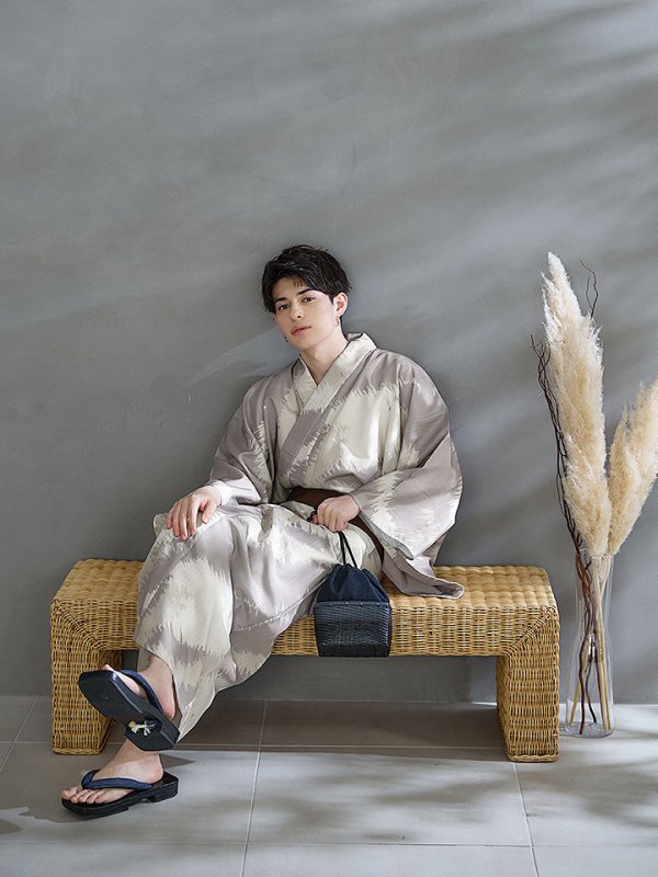 画像7: 【即日発送！】【メンズ浴衣】グレージュモザイク柄浴衣【浴衣３点セット 浴衣/帯/下駄】[YMT] (7)