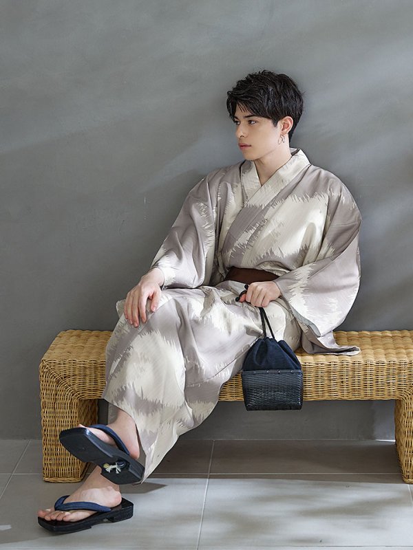 画像9: 【即日発送！】【メンズ浴衣】グレージュモザイク柄浴衣【浴衣３点セット 浴衣/帯/下駄】[YMT] (9)