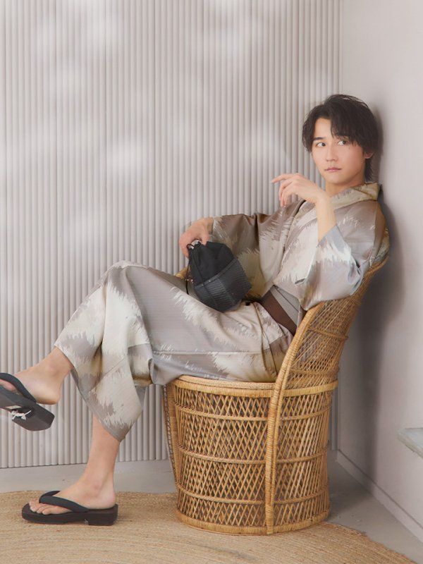 画像2: 【即日発送！】【メンズ浴衣】グレージュモザイク柄浴衣【浴衣３点セット 浴衣/帯/下駄】[YMT] (2)