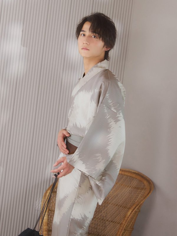 画像3: 【即日発送！】【メンズ浴衣】グレージュモザイク柄浴衣【浴衣３点セット 浴衣/帯/下駄】[YMT] (3)