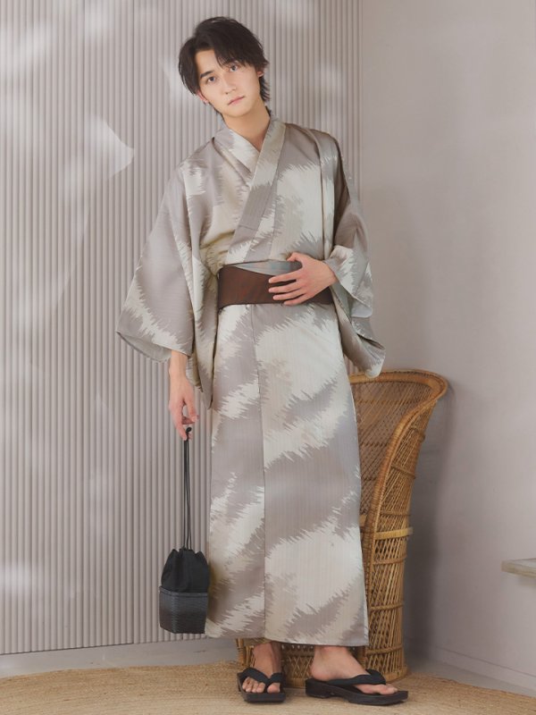 画像4: 【即日発送！】【メンズ浴衣】グレージュモザイク柄浴衣【浴衣３点セット 浴衣/帯/下駄】[YMT] (4)