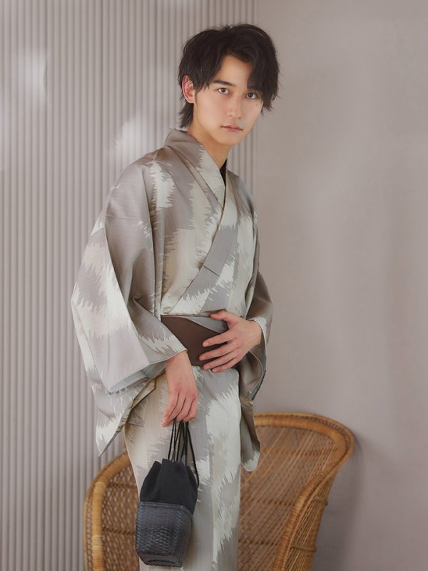 画像6: 【即日発送！】【メンズ浴衣】グレージュモザイク柄浴衣【浴衣３点セット 浴衣/帯/下駄】[YMT] (6)