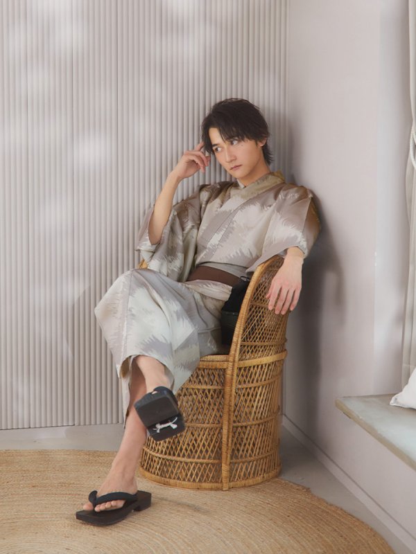 画像7: 【即日発送！】【メンズ浴衣】グレージュモザイク柄浴衣【浴衣３点セット 浴衣/帯/下駄】[YMT] (7)