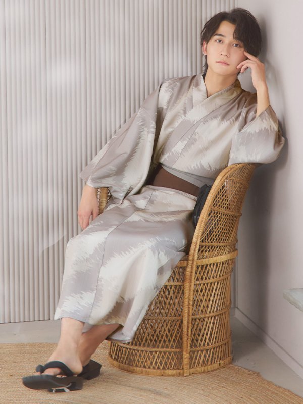 画像8: 【即日発送！】【メンズ浴衣】グレージュモザイク柄浴衣【浴衣３点セット 浴衣/帯/下駄】[YMT] (8)