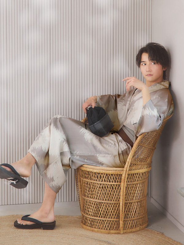 画像9: 【即日発送！】【メンズ浴衣】グレージュモザイク柄浴衣【浴衣３点セット 浴衣/帯/下駄】[YMT] (9)