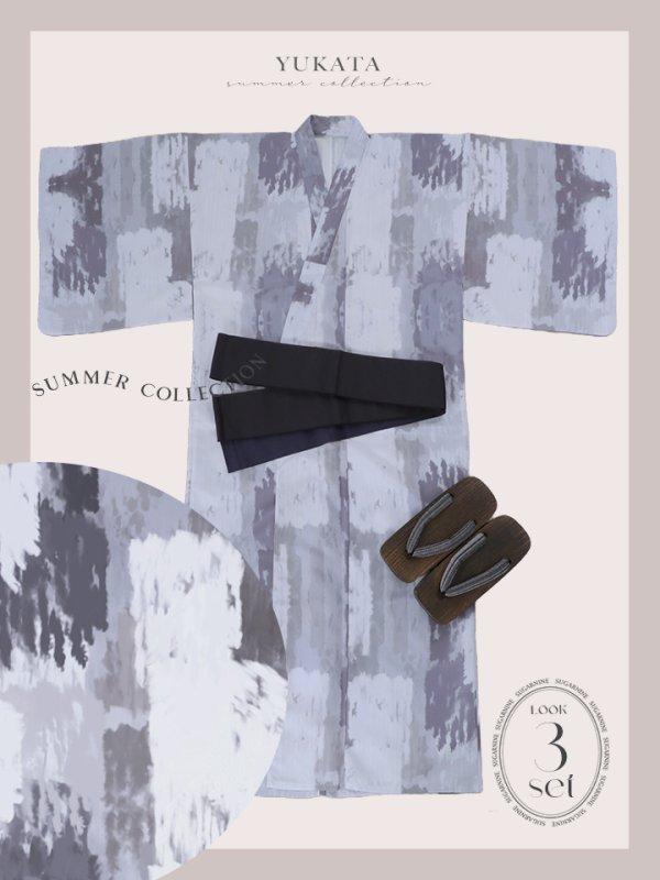 画像19: 【即日発送！】【メンズ浴衣】くすみブルーグレーモザイク柄浴衣【浴衣３点セット 浴衣/帯/下駄】[YMT] (19)