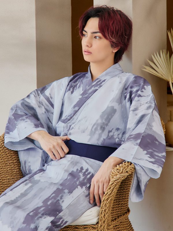 画像10: 【即日発送！】【メンズ浴衣】くすみブルーグレーモザイク柄浴衣【浴衣３点セット 浴衣/帯/下駄】[YMT] (10)