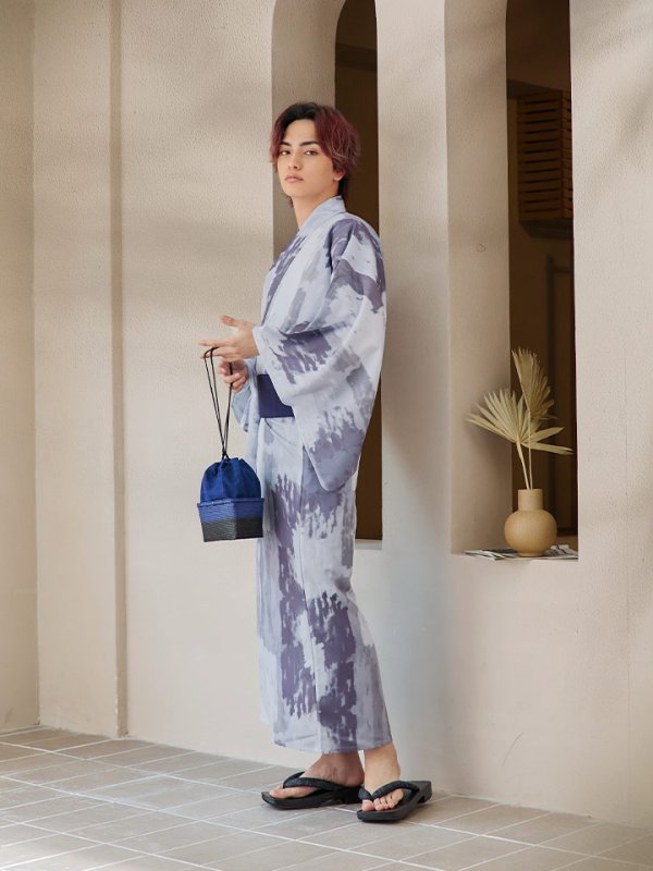 画像11: 【即日発送！】【メンズ浴衣】くすみブルーグレーモザイク柄浴衣【浴衣３点セット 浴衣/帯/下駄】[YMT] (11)