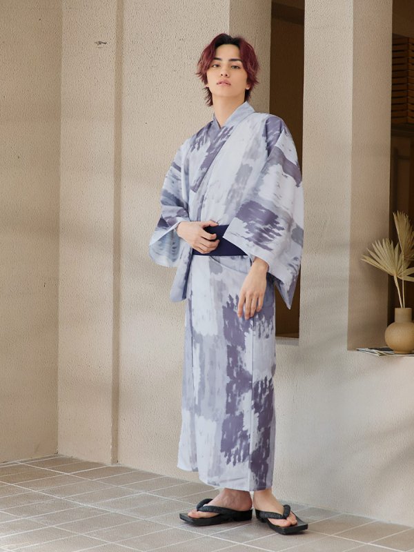画像12: 【即日発送！】【メンズ浴衣】くすみブルーグレーモザイク柄浴衣【浴衣３点セット 浴衣/帯/下駄】[YMT] (12)