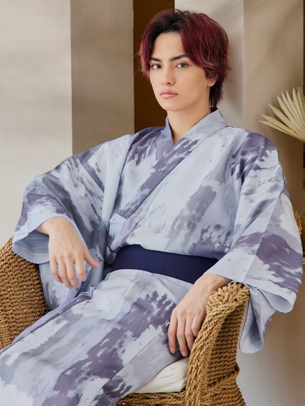 画像13: 【即日発送！】【メンズ浴衣】くすみブルーグレーモザイク柄浴衣【浴衣３点セット 浴衣/帯/下駄】[YMT] (13)