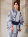 画像14: 【即日発送！】【メンズ浴衣】くすみブルーグレーモザイク柄浴衣【浴衣・帯・下駄セット】OBI-MS-002-wk-3-NV [YMT] (14)