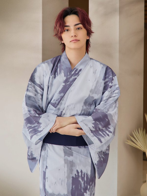 画像15: 【即日発送！】【メンズ浴衣】くすみブルーグレーモザイク柄浴衣【浴衣３点セット 浴衣/帯/下駄】[YMT] (15)