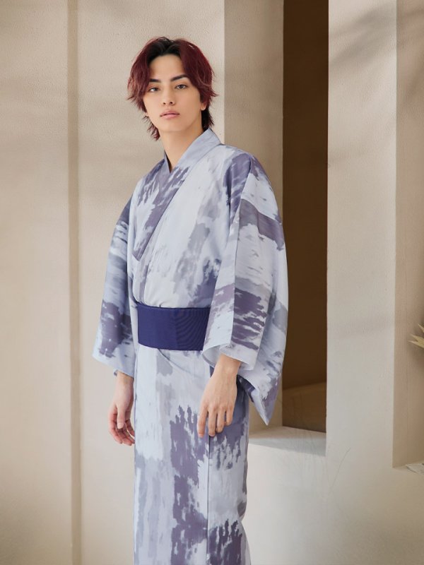 画像2: 【即日発送！】【メンズ浴衣】くすみブルーグレーモザイク柄浴衣【浴衣３点セット 浴衣/帯/下駄】[YMT] (2)