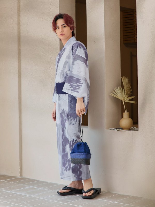 画像3: 【即日発送！】【メンズ浴衣】くすみブルーグレーモザイク柄浴衣【浴衣３点セット 浴衣/帯/下駄】[YMT] (3)