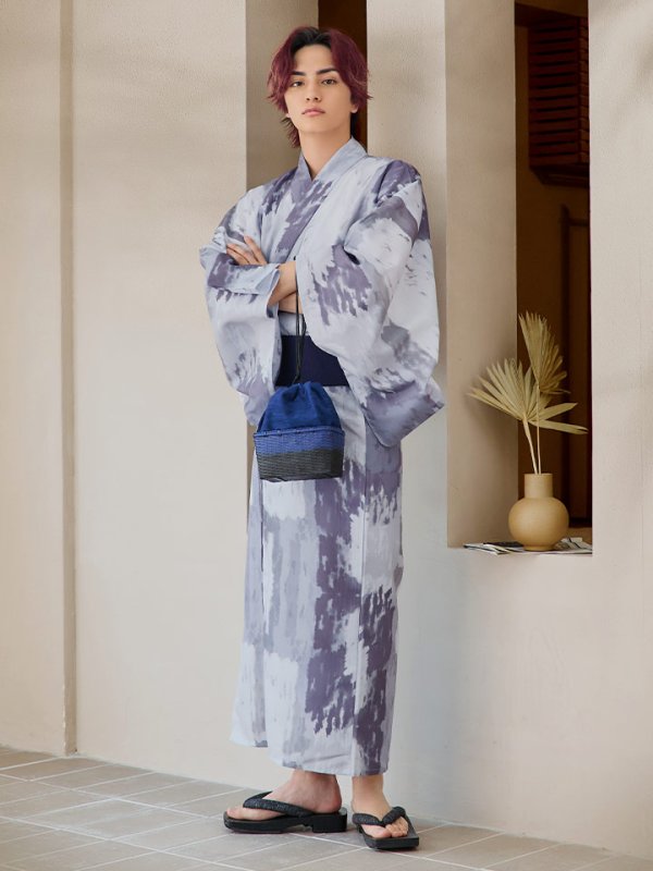 画像4: 【即日発送！】【メンズ浴衣】くすみブルーグレーモザイク柄浴衣【浴衣３点セット 浴衣/帯/下駄】[YMT] (4)