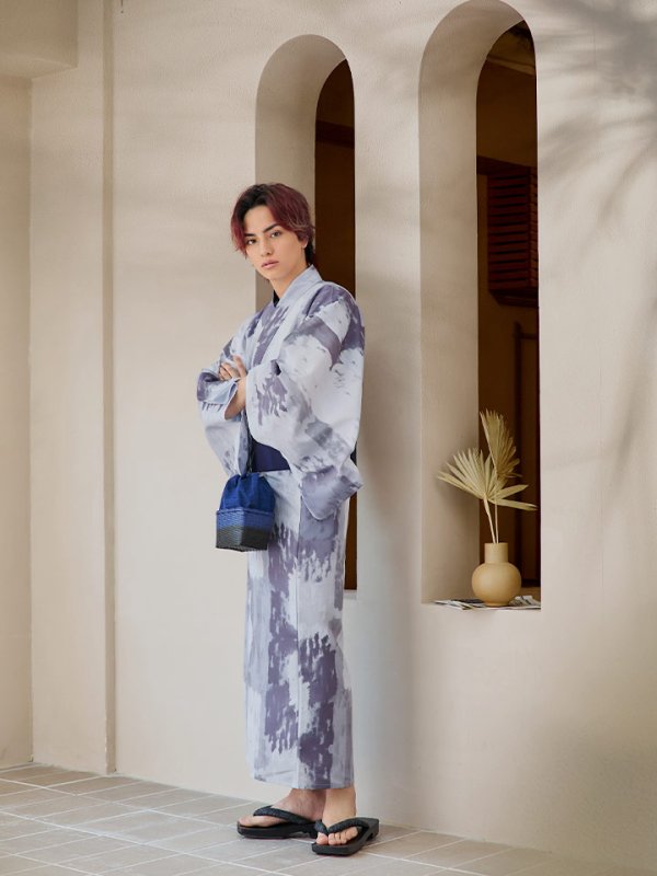 画像5: 【即日発送！】【メンズ浴衣】くすみブルーグレーモザイク柄浴衣【浴衣３点セット 浴衣/帯/下駄】[YMT] (5)