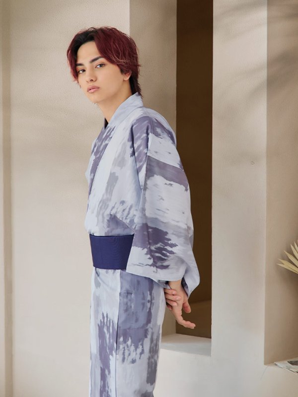 画像6: 【即日発送！】【メンズ浴衣】くすみブルーグレーモザイク柄浴衣【浴衣３点セット 浴衣/帯/下駄】[YMT] (6)