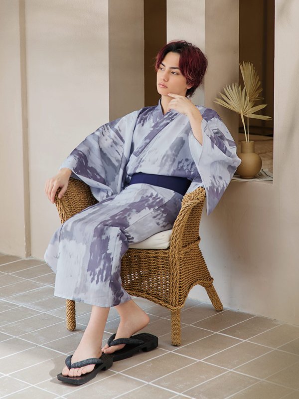 画像7: 【即日発送！】【メンズ浴衣】くすみブルーグレーモザイク柄浴衣【浴衣３点セット 浴衣/帯/下駄】[YMT] (7)