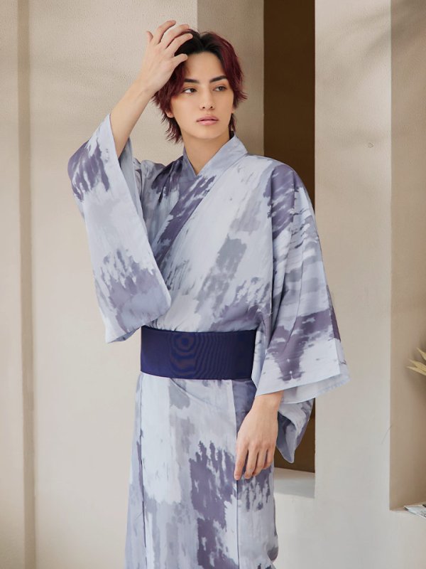 画像8: 【即日発送！】【メンズ浴衣】くすみブルーグレーモザイク柄浴衣【浴衣３点セット 浴衣/帯/下駄】[YMT] (8)