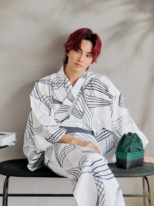 画像12: 【即日発送！】【メンズ浴衣】ホワイト×ブラック線画浴衣【浴衣３点セット 浴衣/帯/下駄】[YMT] (12)