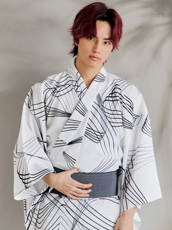 画像5: 【即日発送！】【メンズ浴衣】ホワイト×ブラック線画浴衣【浴衣３点セット 浴衣/帯/下駄】[YMT] (5)