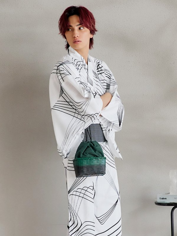 画像7: 【即日発送！】【メンズ浴衣】ホワイト×ブラック線画浴衣【浴衣３点セット 浴衣/帯/下駄】[YMT] (7)