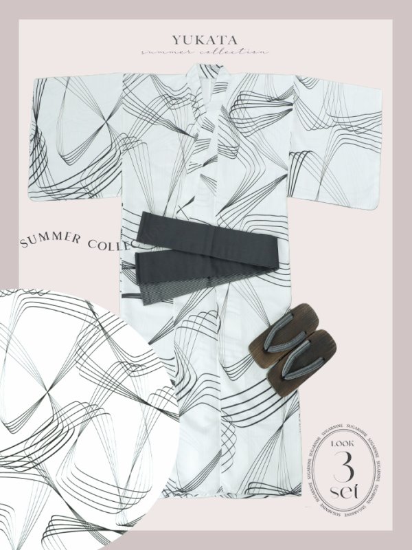 画像19: 【即日発送！】【メンズ浴衣】ホワイト×ブラック線画浴衣【浴衣３点セット 浴衣/帯/下駄】[YMT] (19)