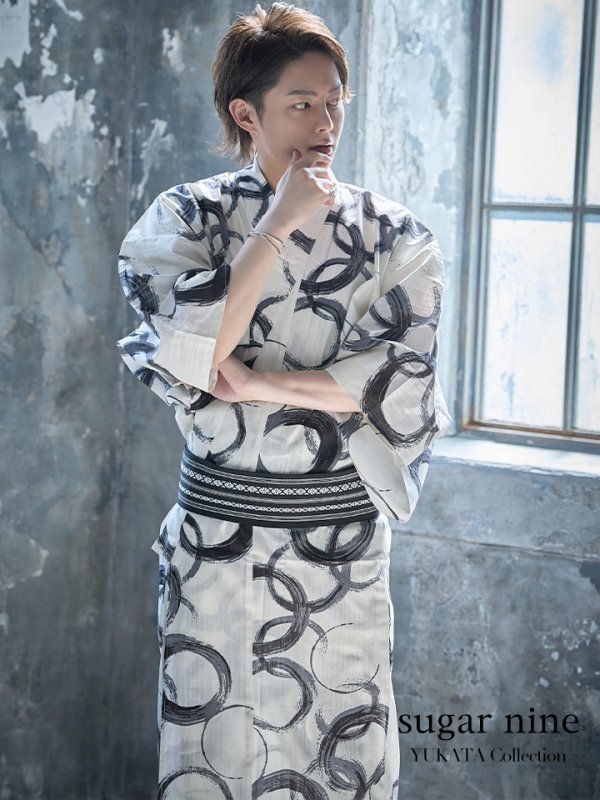 画像3: 【即日発送】【メンズ浴衣】白地に水墨柄【浴衣３点セット 浴衣/帯/下駄】[YMT] (3)