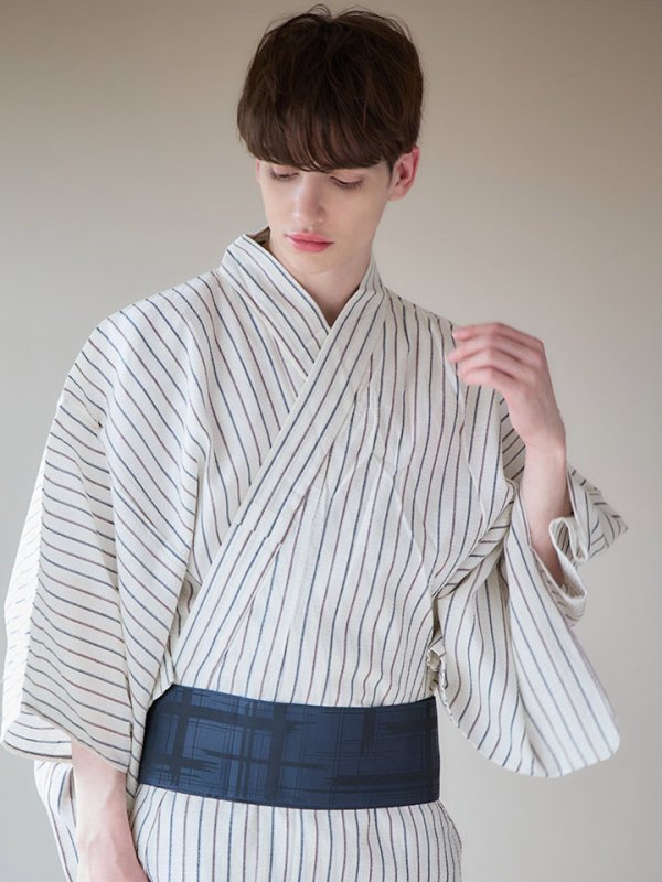 画像9: 【即日発送】【メンズ浴衣】白地にトリコロールカラーのストライプ紳士浴衣【浴衣３点セット 浴衣/帯/下駄】[YMT] (9)