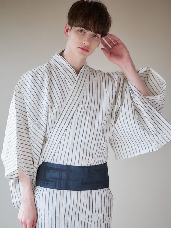 画像3: 【即日発送】【メンズ浴衣】白地にトリコロールカラーのストライプ紳士浴衣【浴衣３点セット 浴衣/帯/下駄】[YMT] (3)