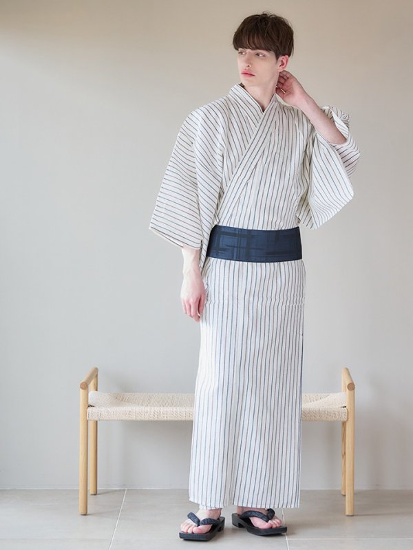 画像7: 【即日発送】【メンズ浴衣】白地にトリコロールカラーのストライプ紳士浴衣【浴衣３点セット 浴衣/帯/下駄】[YMT] (7)