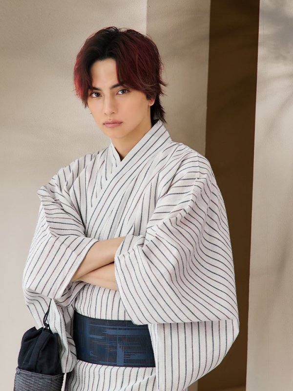 画像11: 【即日発送】【メンズ浴衣】白地にトリコロールカラーのストライプ紳士浴衣【浴衣３点セット 浴衣/帯/下駄】[YMT] (11)